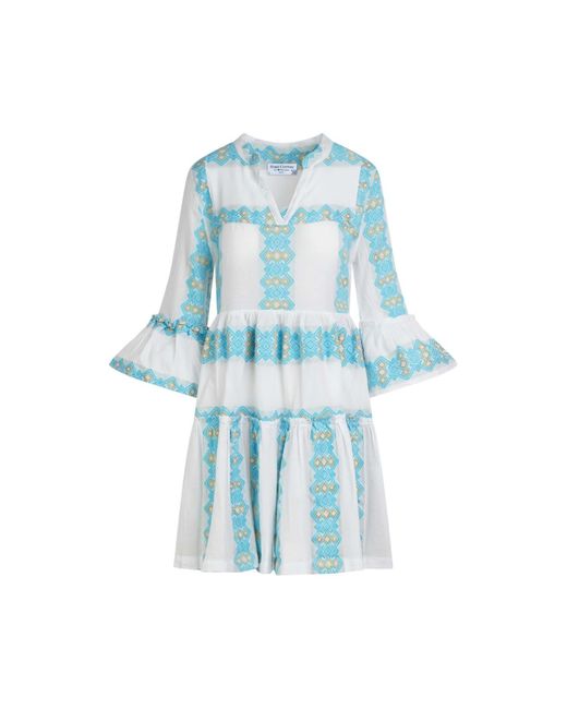 Haris Cotton Blue Midi Cotton Dress With All Over Embroidery