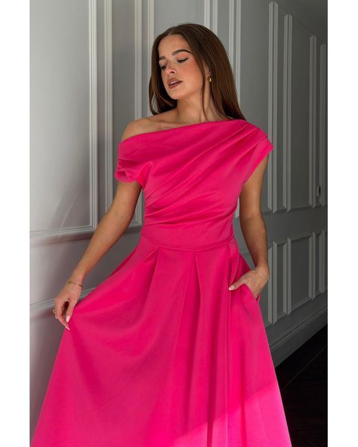 Girl In Mind Pink Betty Asymmetric Neckline Skater Midi Hot