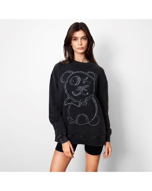 X Ilona Blue Blue Graffiti Teddy Bear Vintage Washed Cotton Midnight Crewneck