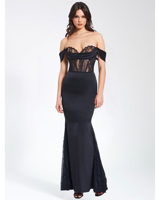 Miss Circle New York Black Callista Satin Lace Corset Maxi Dress