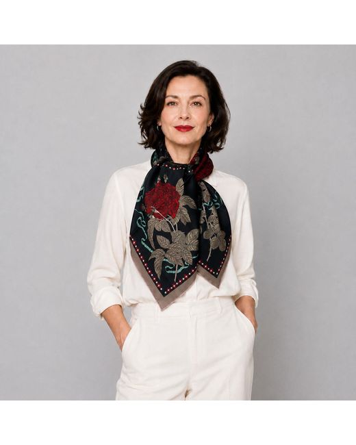 Wenzi Black Midnight Roses Rouge Double Sided Silk Twill Scarf