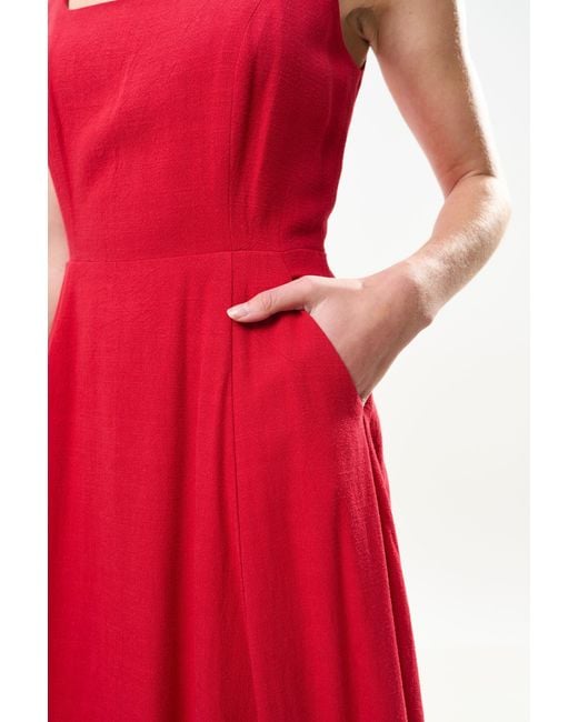 Louche Red Baya Linen Mix Square Neck Midi Dress