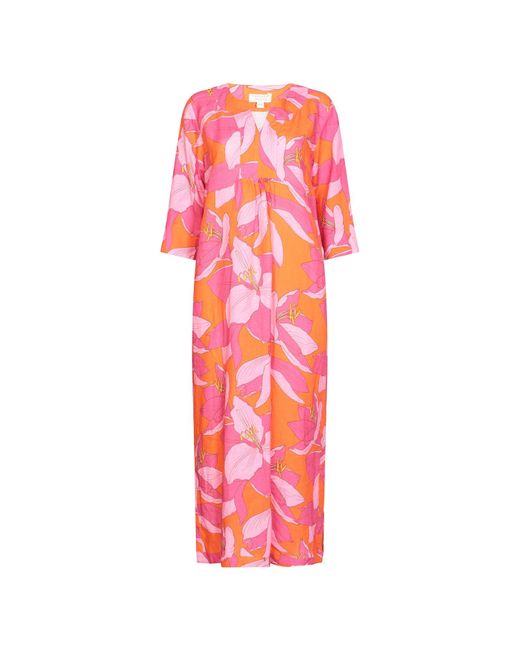 NoLoGo-chic Pink Fruit Flower Print Linen Maxi Dress