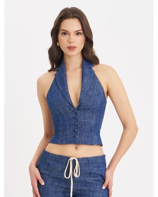 Miss Circle New York Blue Rafaella Ruched Back Cotton Denim Suit Vest
