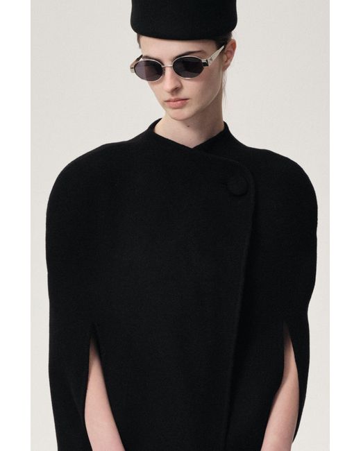 FRONT ROW SHOP Black Double-Faced Sculptural Wool Cape Coat