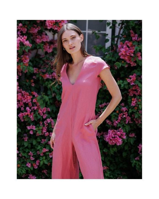 Larsen and Co Pure Linen Casablanca Jumpsuit In Peony Pink