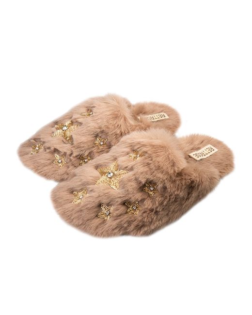 Rettrose Brown Neutrals Saylor Mink Luxury Plush Diamanté Embellished Handmade Slipper