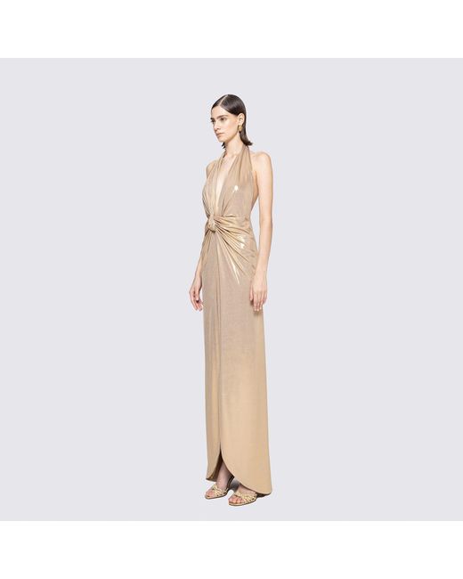Nissa Natural Backless Lamé Maxi Dress
