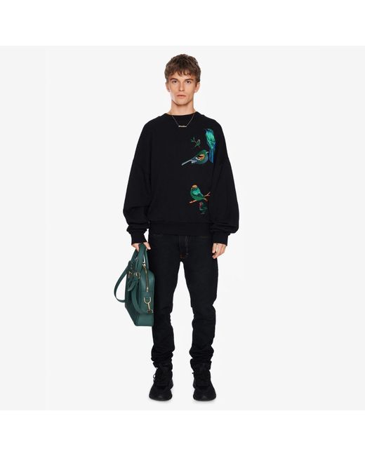 PLACE OF ELMS Black Northern Birds Embroidered Fleece Crew Neck Sweater for men