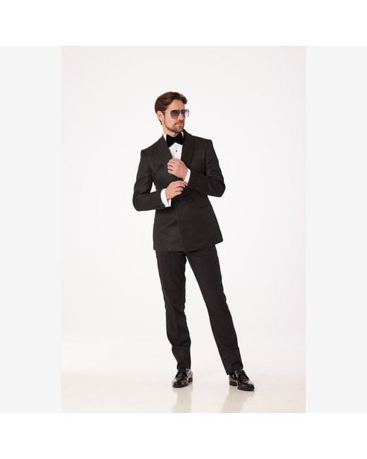 DAVID WEJ Black Kensington Double Breasted Shawl Lapel Jacquard Blazer for men