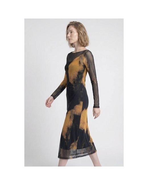 Modenaire Black Sheer Mesh Midi Dress With Abstract Print And Layered Slip