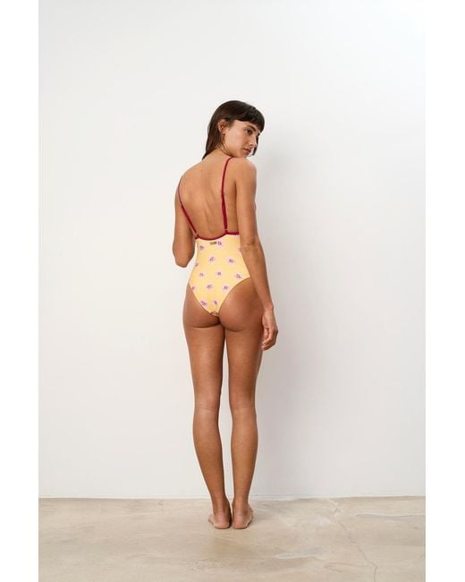 Par Y Escala Sl Yellow Jamu Print Beaded Strap One-Piece Swimsuit