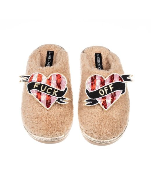 Laines London Pink Neutrals Teddy Closed Toe Slippers With & Stripe Fuck Off Brooches