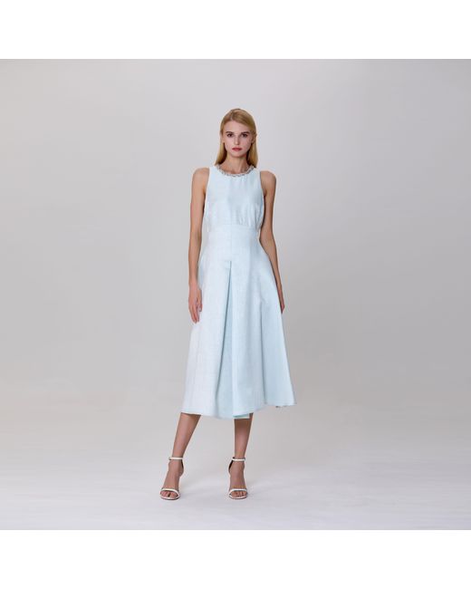 Smart and Joy Blue Fit-And-Flare Collar Trim Textured Jacquard Dress