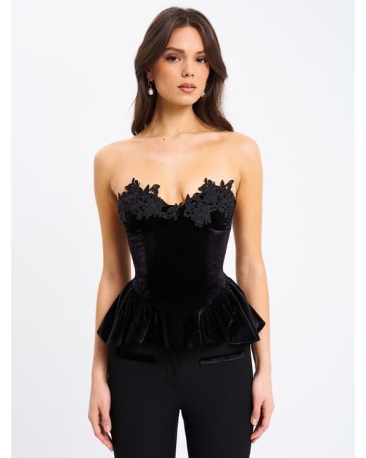 Miss Circle New York Black Qiara Velvet Peplum Top With Lace Trim