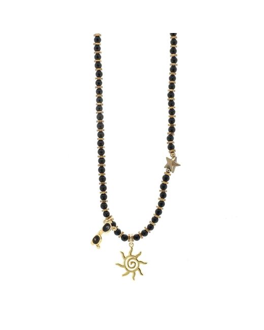 Ebru Jewelry Metallic Vacation Mode Onyx Beaded Sun Necklace
