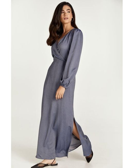 Conquista Blue Faux Wrap Maxi Dress With Side Slits