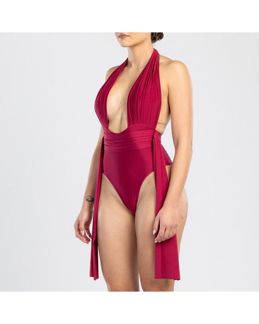 ANTONINIAS Red Plonger Deep Plunge Halter Neck Swimsuit With Decorative Belt