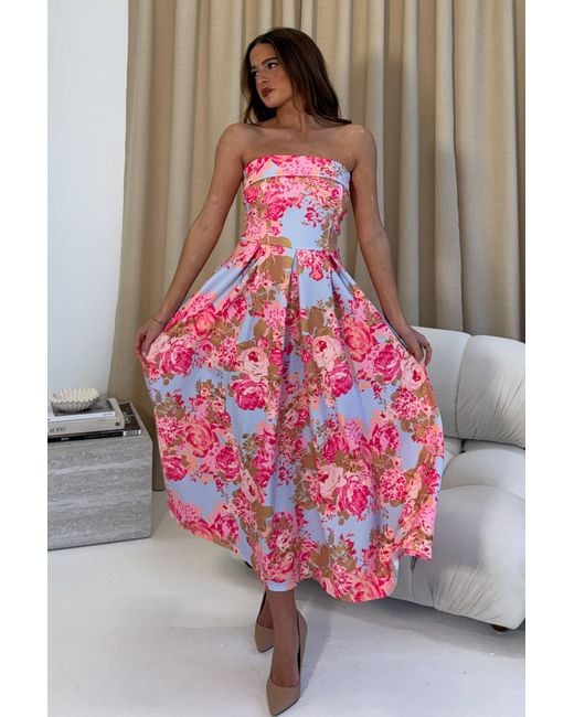 Girl In Mind Pink Danni Strapless Bandeau Midi Dress Floral