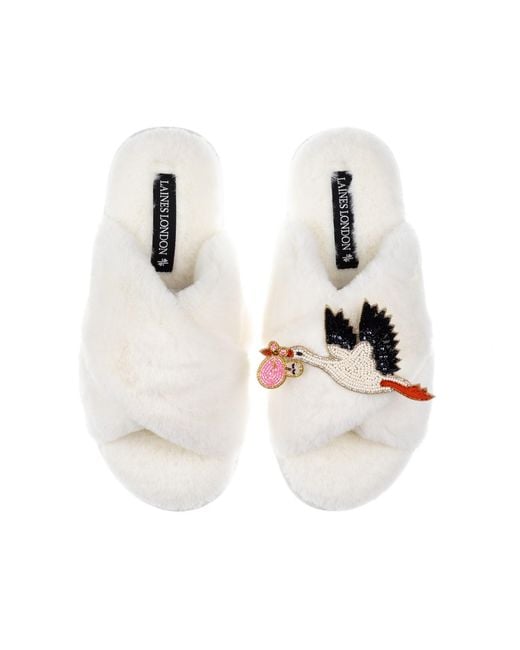 Laines London White Neutrals Cream Classic Laines Slippers With Baby Girl Stork Brooch