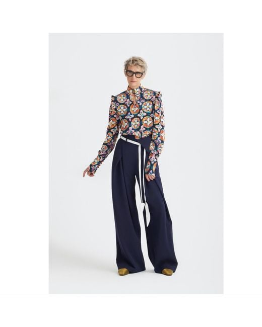 Julia Allert Multicolor Designer Satin Blouse With Bishop Sleeves And Stand Collar – Print