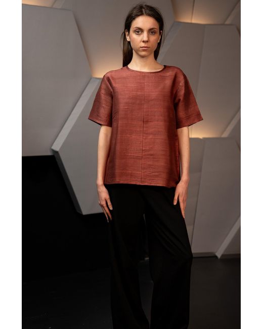 Stovaria Red Pure Silk Mocha Half Sleeve Blouse
