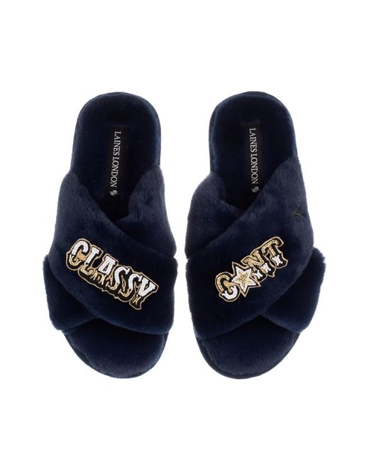 Laines London Blue Classic Laines Slippers With Classy Cunt Brooches