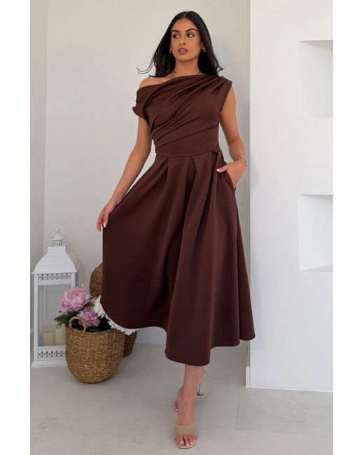 Girl In Mind Brown Betty Asymmetric Neckline Skater Midi