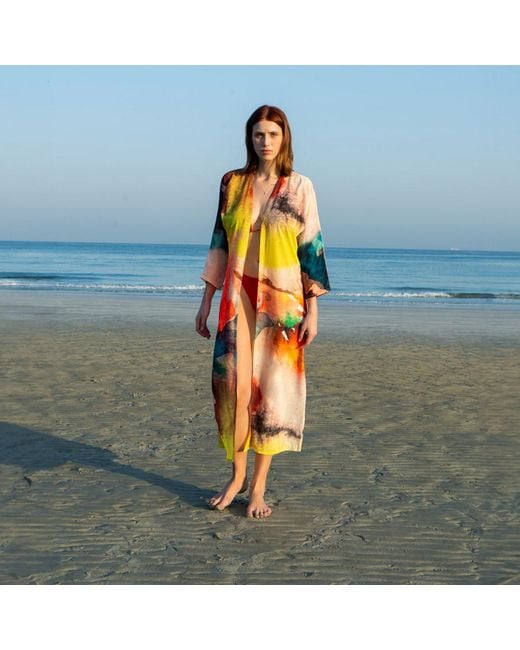 DHARA SHETH DUBAI Yellow Enigma Abstract Multicolour Printed Long Kimono