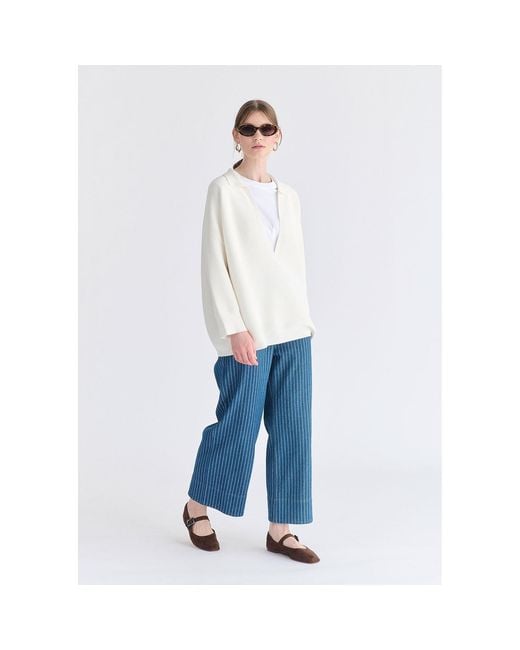 Paisie White Low Cut Polo Collar Ribbed Jumper