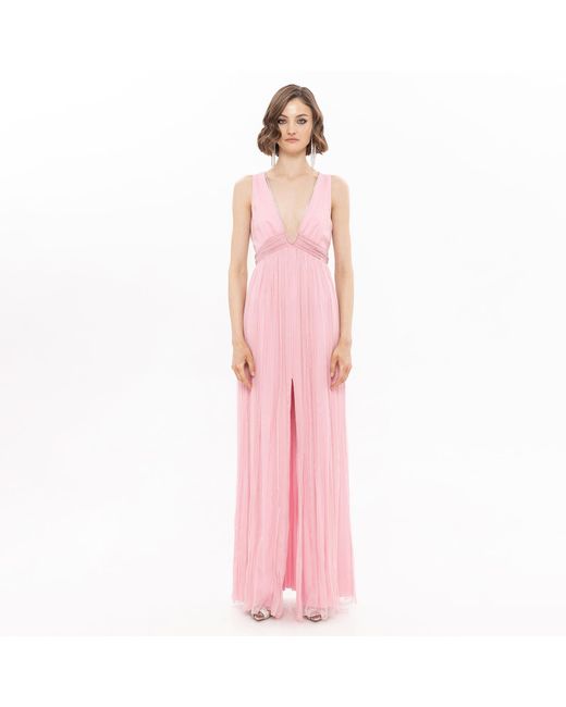 Nissa Pink V-Neck Silk Maxi Dress Light