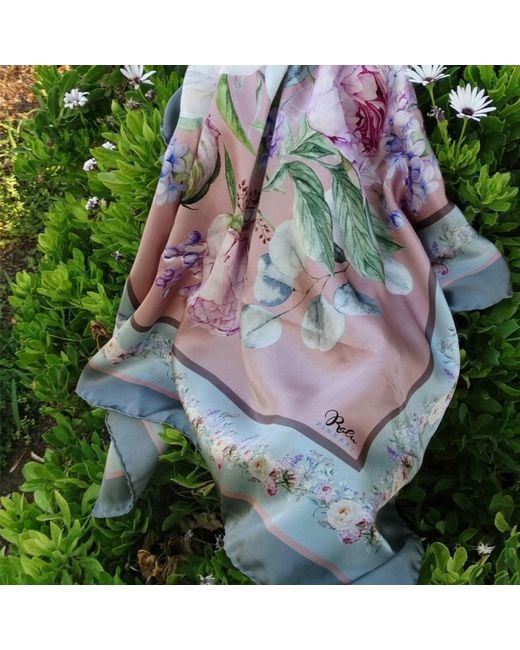 Ralufineart Pink Silk Satin Ravishing Peonies Scarf