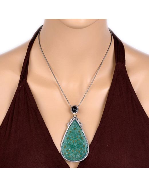 Artisan Green Carved Onyx & Pave Diamond Drop Shape Pendant In 18k Solid Gold With Silver