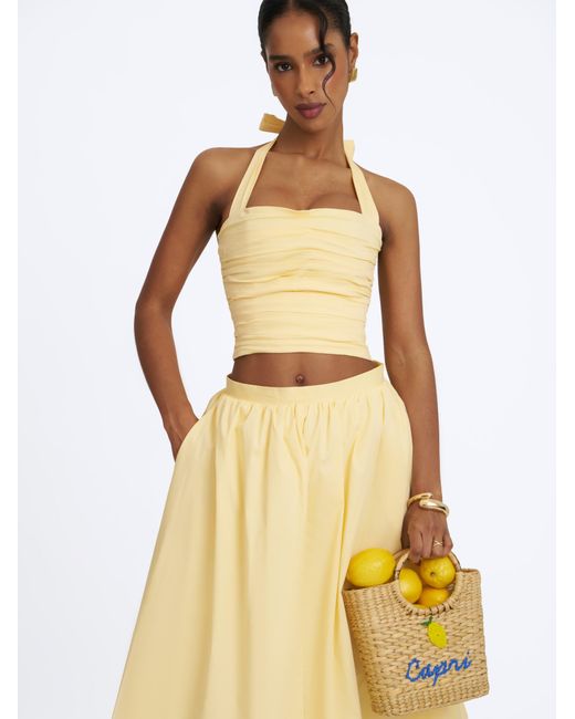 Miss Circle New York White Wilsie Lemon Cotton Poplin Ruched Halter Top