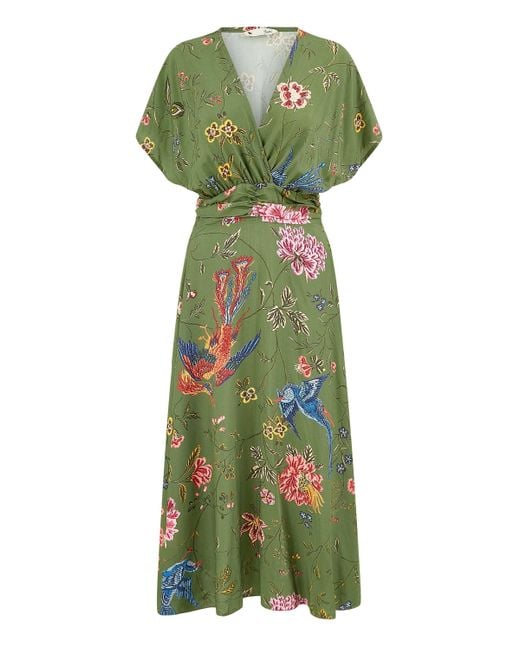 Yumi' Bird And Floral Print Ruched Waist Kimono Midi Dress in Green | Lyst