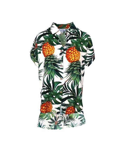 L2R THE LABEL Green Leaves & Pineapple Print Linen Short-Sleeved Shirt