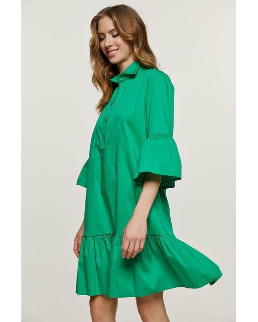 Conquista Green Bell Sleeve Dress With Ruffle Hem