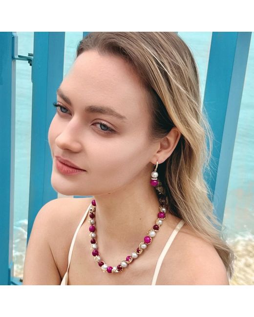 Farra Purple Gray Freshwater Pearls With Magenta Gemstone Earrings