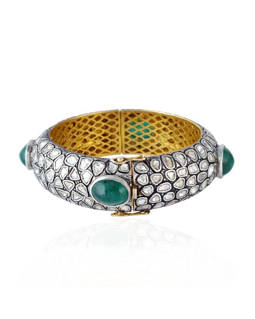 Artisan Multicolor Solid 14k Gold Sterling Silver With Natural Rose Cut Diamond & Oval Emerald Victorian Bangle