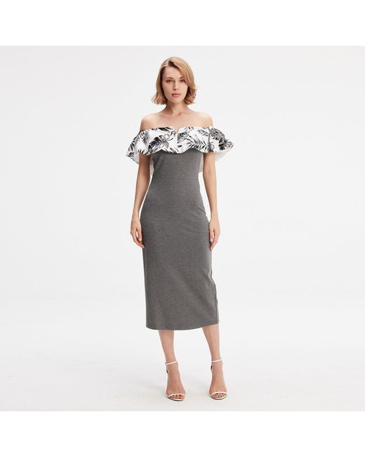 Smart and Joy Gray Bi-Material Bodicon Dress With Off-Shoulder Printed Ruffle