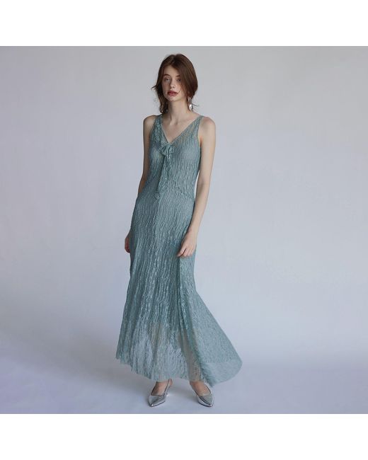 Belsize25 Blue Trumpet Dress Flared Sleeveless Sheer Lace Knit Dress