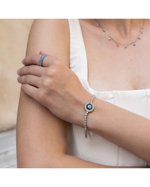 Spero London Blue Round Bezel Evil Eye Sterling Tennis Bracelet