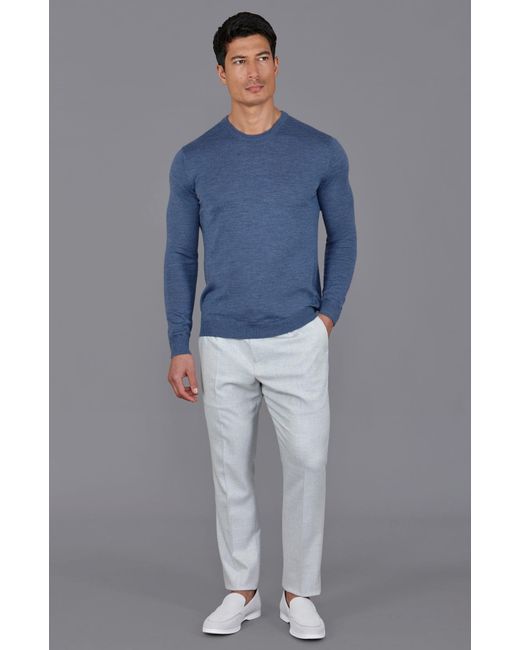 Paul James Knitwear Blue Extra Fine Merino Wool Callington Crew Neck Jumper for men