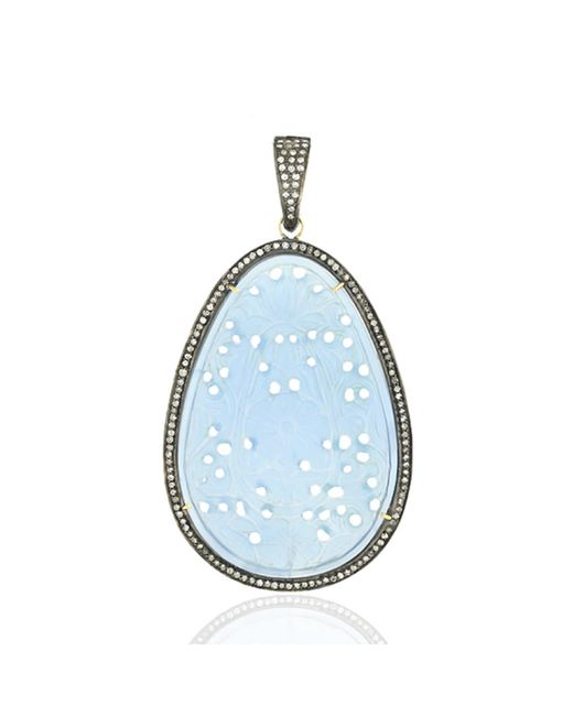 Artisan Blue Carved Agate Gemstone With Pave Diamond In 18k Gold & Silver Oval Cut Pendant
