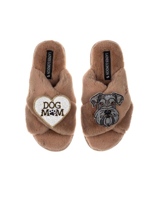 Laines London Brown Neutrals Classic Laines Slippers With Ernie The Schnauzer & Dog Mum Mom Brooches