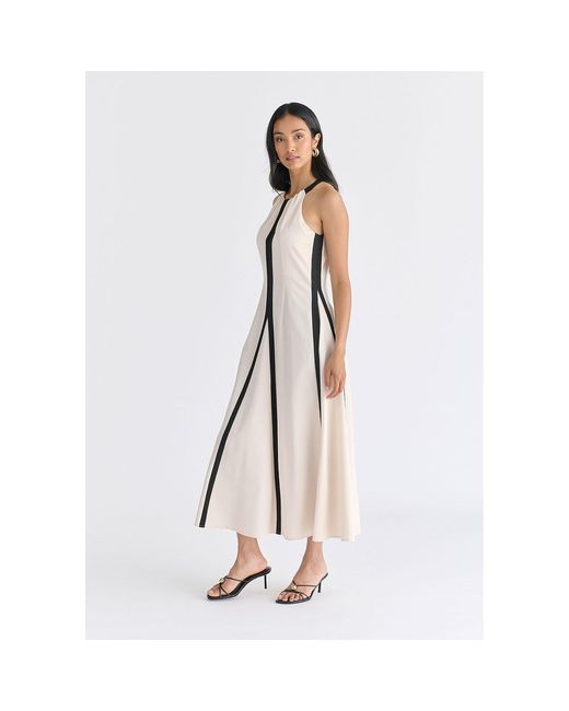 Paisie Natural Neutrals Contrast Details Halterneck Midi Dress