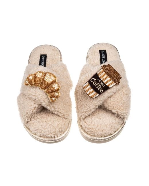 Laines London Natural Neutrals Laines Neutral Boucle Slippers With Coffee & Croissant Brooches