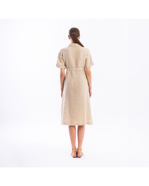 Haris Cotton Natural Neutrals Striped Linen Button Front Dress With Drawstring Waist Beach Sand