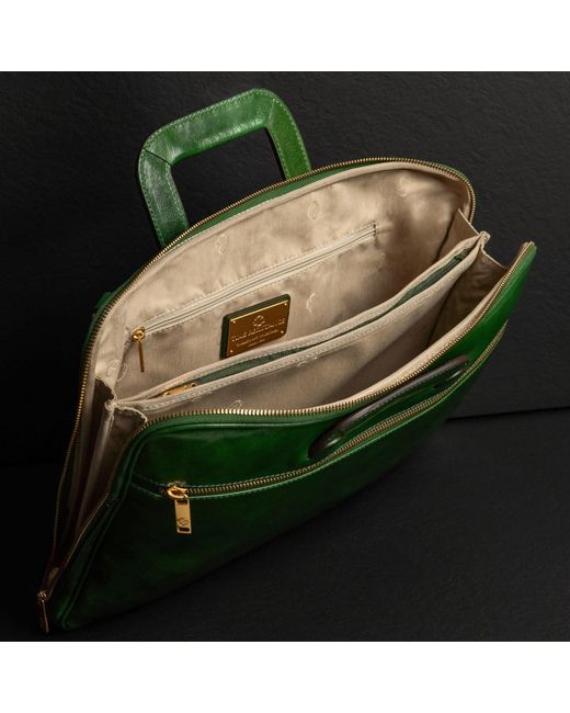 Time Resistance Green Leather Briefcase Laptop Bag for men