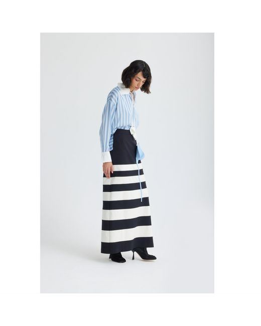 Julia Allert Black Contemporary Striped A-Line Skirt, Floral Detail–